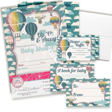 Imagem de Convites de chá de bebê para meninos ou meninas – Pacote de convite de chá de bebê com balões de ar quente com bilhetes de sorteio de fraldas, cartões de solicitação de livro e envelopes. Conjunto de