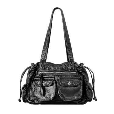 Imagem de NIGEDU Bolsa de ombro feminina moderna de couro sintético com cordão para motocicleta, bolsa de mão com vários bolsos de grande capacidade (preto)