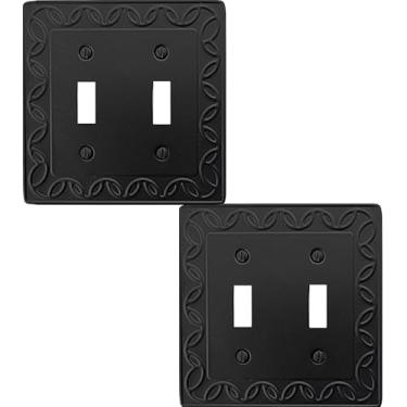 Imagem de OKAWYC Capa de interruptor de luz dupla NovaBloom placa de parede de metal, pacote com 2 unidades, preto, 2 gang, capa decorativa para interruptor de luz, durável