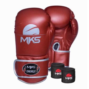 Imagem de Kit Luva de Boxe MKS Energy V2 Metalic Red e Bandagem Preta 2,55m, 16o