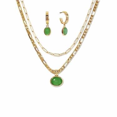 Imagem de Moonffay Conjunto de joias de aventurina verde sálvia para mulheres, banhado a ouro 18 quilates, corrente de clipe de papel, elegante, conjunto de joias de formatura, colar com pingente de pedra natural e brincos para damas de honra de festa de casamento, Aço inoxidável, Aventurina