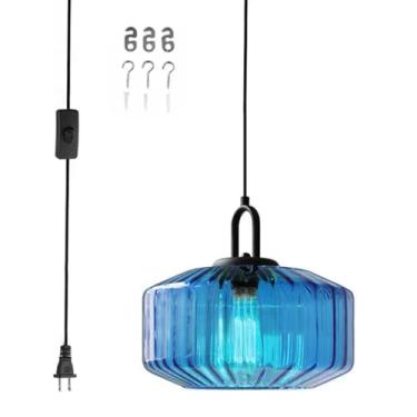 Imagem de Qufute Luminária Pendente Plug-In De Vidro Azul Com Fio Luminária Pendente Plug-In Moderna Com Fio De 14,7 Pés Interruptor Liga/Desliga Para Sala De Estar Sala De Jantar Cozinha