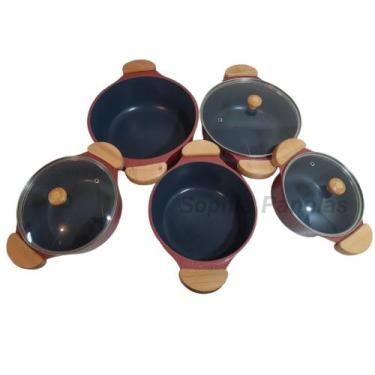 Imagem de Jogo com 5 Panelas Antiaderente Cerâmica Vermelhas de Alumínio Fundido