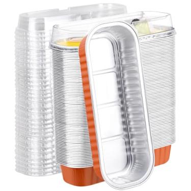 Imagem de EUSOAR Copos de sobremesa com tampas, 100 peças de copos retangulares de cupcake de 200 ml, ramequins de folha de alumínio, recipientes de bolo descartáveis, suportes de suflê, envoltórios de muffin,