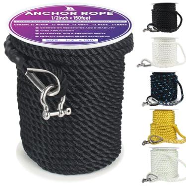 Imagem de VEITHI Corda de âncora de barco 45 m x 1/5.1 cm preta, corda marinha de 3 fios com dedal e manilha de aço inoxidável ideal para reboque, ancoragem, barcos, ancoragem, para barcos de até 90 cm