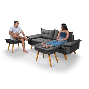 Imagem de Sofá Bariloche 3 Lugares com 2 Banquetas, Tecido Linho, 2 Metros Essencial Estofados (Grafite)