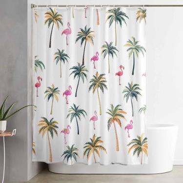 Imagem de Ruian Store Cortinas de chuveiro para banheiro - 183 x 183 cm, aquarela palmeiras flamingo, impermeável, conjunto de cortina de chuveiro com ilhós, conjunto de cortina de chuveiro com ganchos, planta
