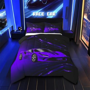 Imagem de Feelyou Conjunto de cama queen com carro de corrida roxo, para crianças, adolescentes, adultos, velozes e furiosos, conjunto de edredom roxo ombré, 3 peças