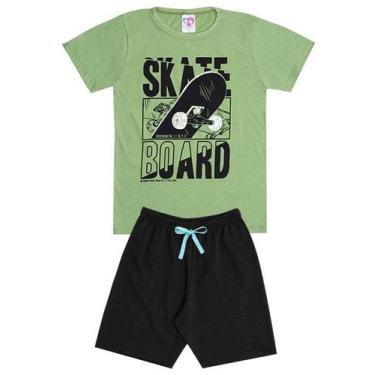 Imagem de Conjunto de Verão Infantil Masculino Blusa Verde e Shorts Skateboard -