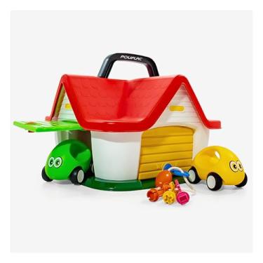 Imagem de Brinquedo Educativo Garagem Didática Infantil com Chaves Geométricas e 4 Carrinhos Bubi