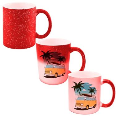 Imagem de Caneca Mágica Glitter Vermelha Muda de Cor Porcelana 325ml -Van Kombi Praia Retro Prancha Surf Tropcal