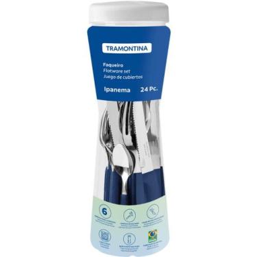 Imagem de Faqueiro Tramontina Ipanema 24 peças Cabos Azuis Aço Inox com Pote Plá
