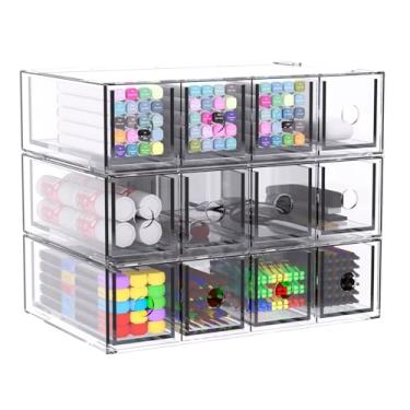 Imagem de Organizador de gaveta transparente empilhável de papelaria de papelaria conjunto organizador de óculos de sol - 3 caixas de armazenamento empilháveis para escritório e itens essenciais de beleza