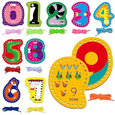 Imagem de SpriteGru 10 Peças de cartões de enfiamento de números, cartões de costura de frente e verso de 0 a 9 com 10 cordões coloridos, jogos de brinquedos com fio para o desenvolvimento da imagem