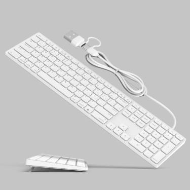 Imagem de Teclado com fio de tamanho completo para dispositivos Mac OS – suporte dobrável, conexão de cabo na porta USB-A+C, teclado USB Plug-n-Play com teclado numérico para laptop Apple iMac/Mac mini/MacBook