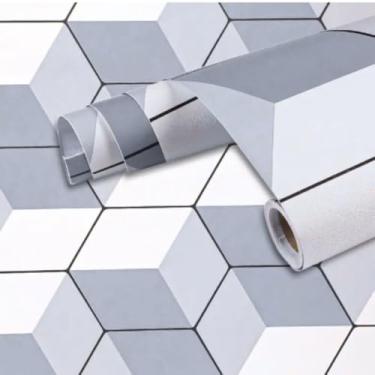 Imagem de Papel de Parede Adesivo Geométrico 3D Hexagonal, PVC Vinílico, 45cm x 2m, Cinza e Branco, Impermeável e Lavável