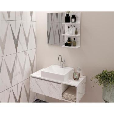 Imagem de Conjunto De Banheiro Balcão Suspenso Bn3601 S- Cuba 80cm E Armário C- Espelho Bn3608 Cor Mármore Branco - Tecno Mobili