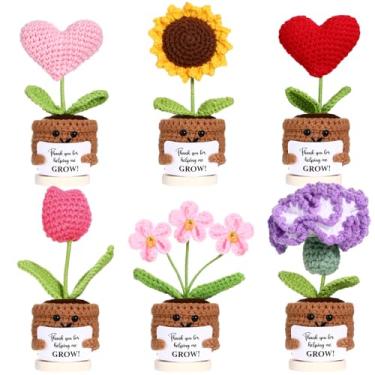 Imagem de Fanfanwin 6 Pcs Handmade Crochet Flower Potted Plant Set Teacher Appreciation Gift Knitted Sunflower Heart Tulip Crafts Thank You for Helping Me Grow Gifts for Women Teacher Boss Mentor Graduation