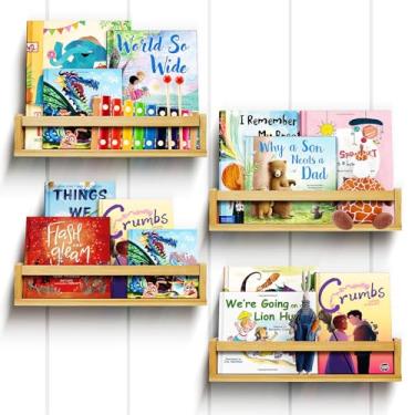 Imagem de Ollieroo Conjunto De Quatro Estantes Flutuantes Para Livros, Prateleira Berçário, Quarto Infantil, Estante Suspensa Madeira Bambu Bebês, Adolescentes, Meninos E Meninas, Decoração Parede Banheiro (N