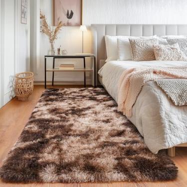 Imagem de Quntue Tapetes de corredor para quarto, tapete macio de 6 x 15 cm, antiderrapante para cabeceira, dormitório, corredor, tapete felpudo longo e macio para berçário, sala de estar, marrom tingido