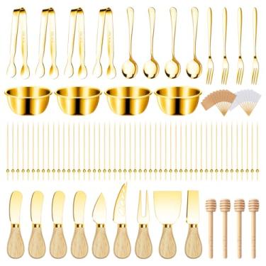 Imagem de Acessórios para tábuas de charcutaria, utensílios de charcutaria, conjunto de facas para espalhar manteiga e queijo, pequenas pinças para servir, garfos e colheres, tigelas de mergulho, molho de mel