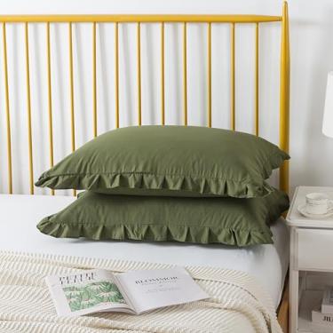 Imagem de KAIANG Pacote com 2 fronhas king size com babados chiques boêmios, tecido de microfibra lavada, capas de almofada com fecho de envelope respirável, resistente a vincos, 50 x 91 cm (verde-oliva)
