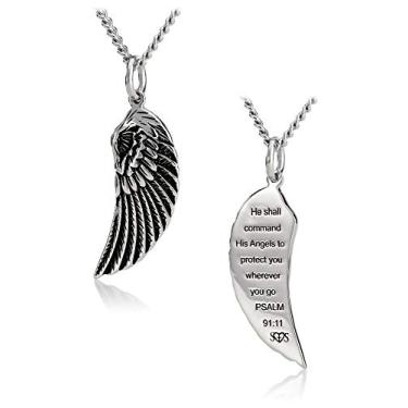 Imagem de Shields of Strength Mini colar de aço inoxidável com asas de anjo inscrito no Salmo 91:11 com pingente de versículo da Bíblia para meninas adolescentes joias cristãs presentes, 22 inch, Aço inoxidável