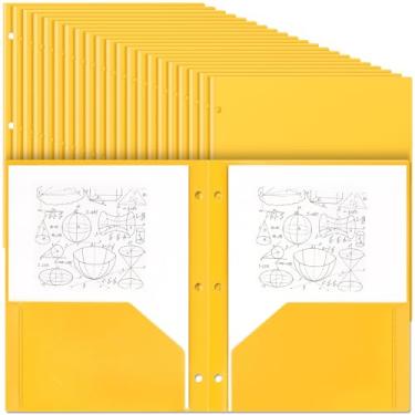 Imagem de Yeaqee 100 pastas de plástico com bolsos a granel 3 furos perfurados 2 pastas de arquivo de bolso para fichário de 3 anéis para escritório de professores (amarelo)