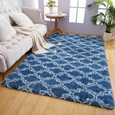 Imagem de Tapete felpudo macio de 1,5 x 2,3 m para quarto, azul-marinho claro e branco, tapetes geométricos modernos para sala de estar, berçário, tapete fofo para decoração de casa aconchegante