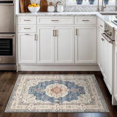 Imagem de Tapete pequeno lavável 2x3 para entrada: tapetes de área oriental vintage para interior tapete de porta resistente a manchas com suporte antiderrapante tapete fino de pilha baixa para banheiro (2x3