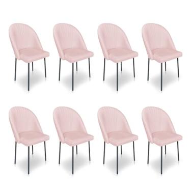 Imagem de Kit 8 Cadeiras Poltrona de Jantar Ariel Suede Rosa Bebê Pés de Ferro Preto - Pallazio