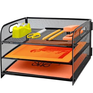 Imagem de PLSOPPKG Bandeja de papel de 3 camadas com alça, organizador de arquivos de mesa de malha de metal com bandejas, bandejas de arquivo de papel A4, suporte de documentos de revista para escritório em