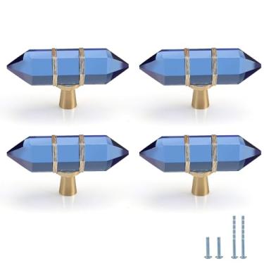Imagem de Evionlin Pacote com 4 maçanetas azuis hexagonais de cristal envolto em arame, vidro, latão, gaveta, puxador de armário, ferragens douradas para cômoda e cozinha