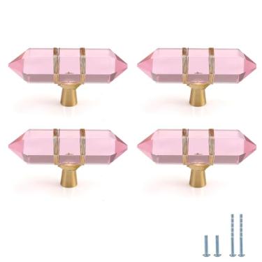 Imagem de Evionlin Pacote com 4 maçanetas de cristal hexagonais rosa envolto em arame, vidro, latão, gaveta, puxador de armário, ferragens douradas para cômoda e cozinha