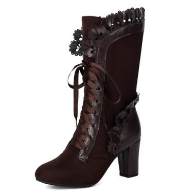 Imagem de Makmeoyw Botas vitorianas femininas vintage laço babados botas góticas fantasia botas retrô anos 70 Halloween Witch Stuff Botas de salto cubano cano médio botas, Marrom 412, 40