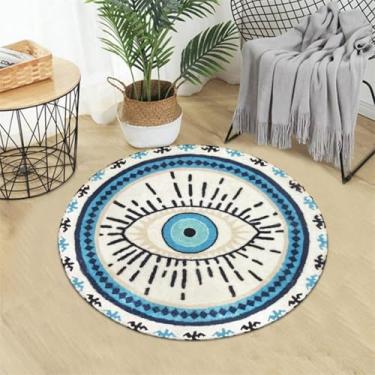 Imagem de ESSMOKO Tapetes tapete redondo de imitação de caxemira marroquino, tapete de estar e quarto para casa, de fácil cuidado, olho de diabo azul, 60 cm