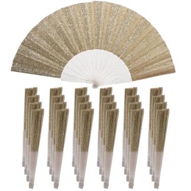 Imagem de Pacote com 24 ventiladores de mão, ventilador dobrável de glitter com nervuras transparentes brilhantes – Ideal para casamento, igreja, festival, dança, festa de chá, clube e acessórios EDM, ouro