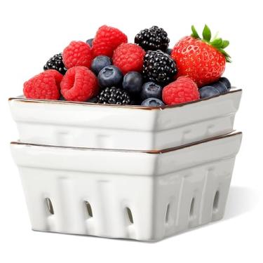 Imagem de ONEMORE Cesta de frutas de cerâmica quadrada com orifícios, escorredor, cesta de frutas para decoração de cozinha - recipientes de frutas vermelhas de 14,7 cm para geladeira, conjunto de 2, branco