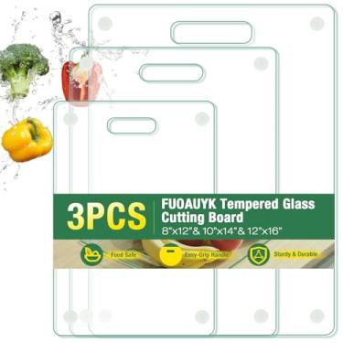 Imagem de Tábuas de corte de vidro temperado de 3 tamanhos para balcão de cozinha, tábua de corte de vidro FUOAUYK lavável na lava-louças, não tóxica com alça, pés de borracha antiderrapante, resistente ao