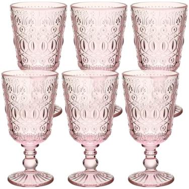 Imagem de Eaasty Conjunto de 6 taças de vinho vintage 255 g Taça de vidro colorido vintage para bebidas copos de vidro com haste romântica em relevo para festa de casamento, feriados, aniversário (rosa)