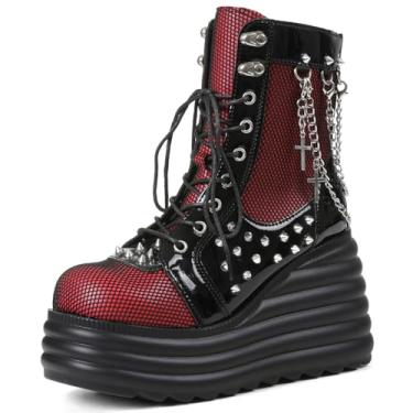 Imagem de Lyrisiphy Botas femininas góticas de cano curto, plataforma preta, com correntes punk e tachas com cadarço, botas de cunha para mulheres, rave, festivais de Halloween, Vermelho, 35