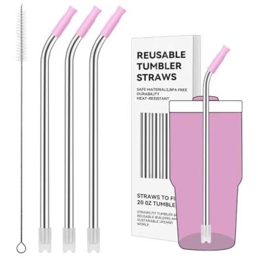 Imagem de Prurex Canudos de metal reutilizáveis com ponta de silicone para Stanley 600 ml, canudos de aço inoxidável para copo de 590 ml, 3 tubos dobrados e 6 pontas e 1 escova Cleanr (Lilás)