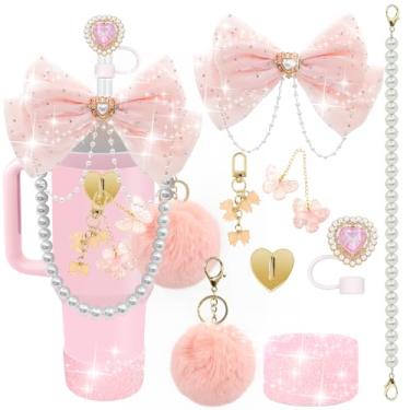 Imagem de LBU Acessórios de copo Bling Stanley para copo de 40/30/567 g com alça, incluindo topo de palha com laço de glitter, capa de canudo de coração, alça de alça de garrafa de água pérola, bota, pompom