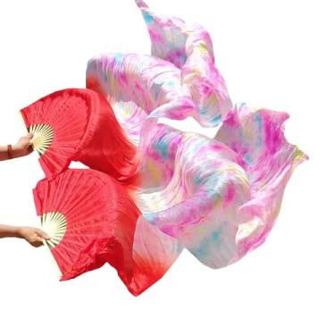 Imagem de TMZAQH Véus femininos de seda verdadeira para fãs de dança do ventre 1 par (esquerda + direita) feitos à mão para fãs de dança tingidos coloridos 180 x 90 cm (vermelho tingido)