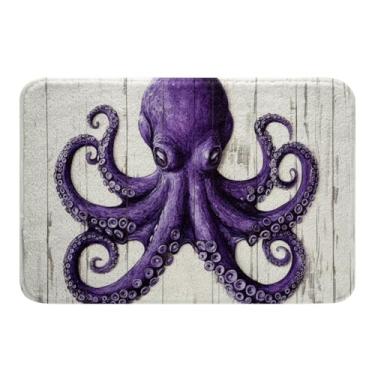 Imagem de Manfei Tapetes de banho de polvo roxo com desenho animado de animais marinhos, tapetes de banheiro de prancha de madeira cinza retrô, decoração de quarto de crianças, meninos e meninas, tapetes de