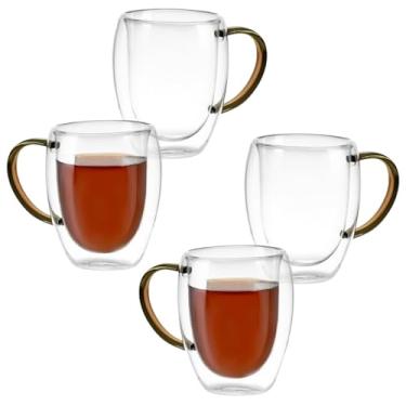 Imagem de Kit Conjunto 4 Xícaras de Vidro Borossilicato Parede Dupla 350ml Transparente com Alça Colorida (Marrom)