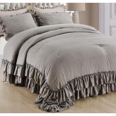 Imagem de Conjunto de edredom QSH Shabby Grey Ruffled Chic Queen Size, 3 unidade
