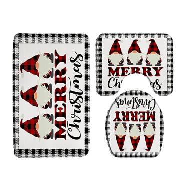Imagem de Conjunto de 3 peças de tapete de banho de gnomo de Natal, Feliz Natal, vermelho, preto, búfalo, xadrez, folclore, elfos, gnomo, citações engraçadas, fofos, tapetes de inverno, para banheiro, capa de