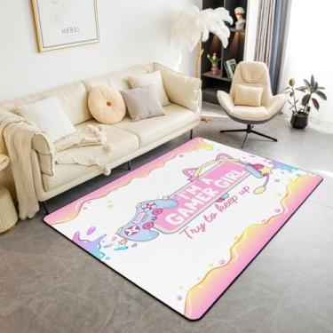 Imagem de jejeloiu Tapetes Gamer para sala de estar, tapete de área de jogos, 13 x 17 cm, fone de ouvido para jogos, tapete de chão para meninas, tapete rosa