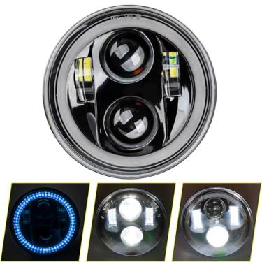 Imagem de SINLIRU Farol de motocicleta LED preto 5-3/4 de 14,6 cm, halo azul fumado DRL para Indian Scout Dyna Wide Glide XL1200 XG750 883 48 luz frontal noturna